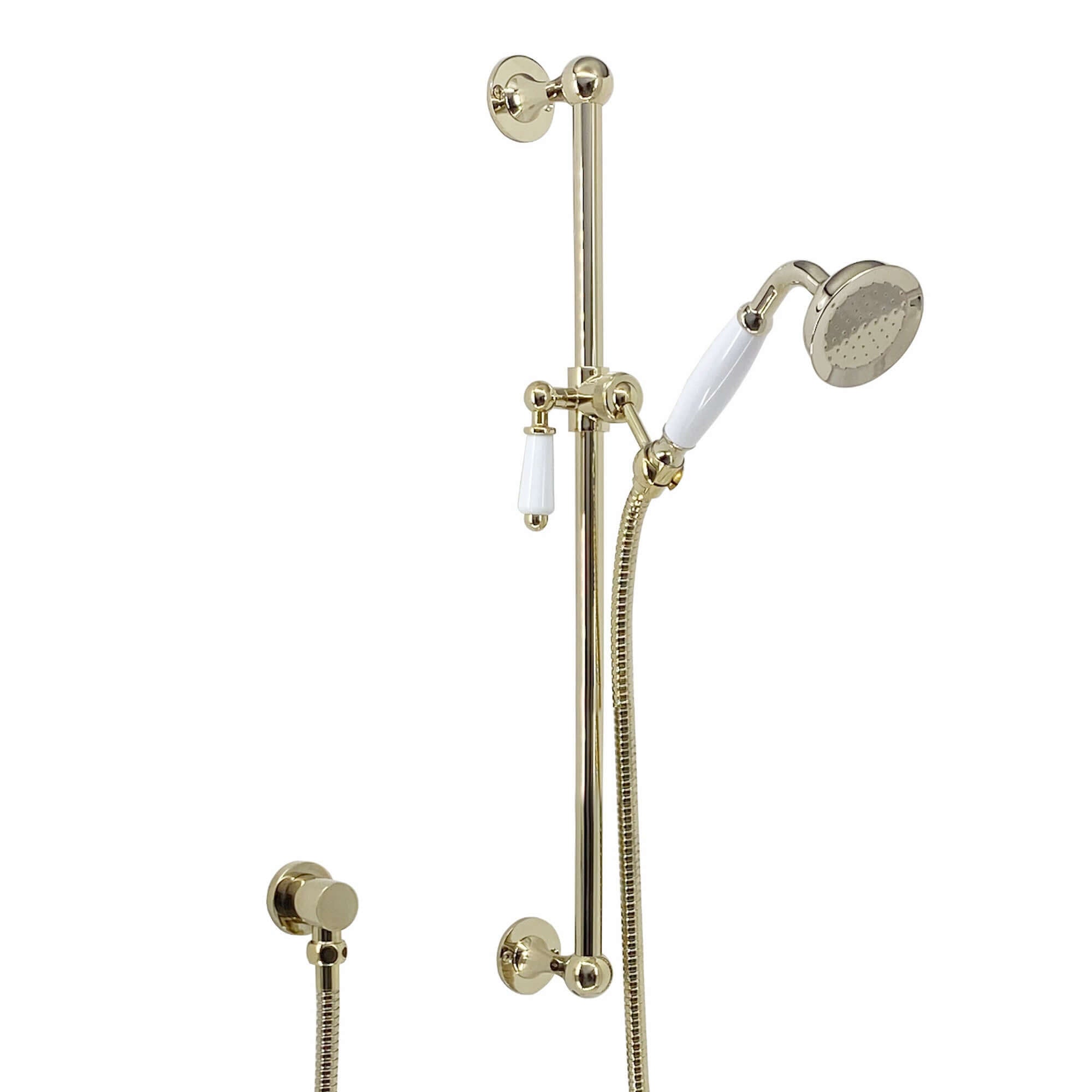 Buy Traditional Shower Slider Rail Kit Lever Design With Brass White Ceramic Handset, Hose And Wall Elbow Outlet - Gold Online UK | HOUSE OF ENKI